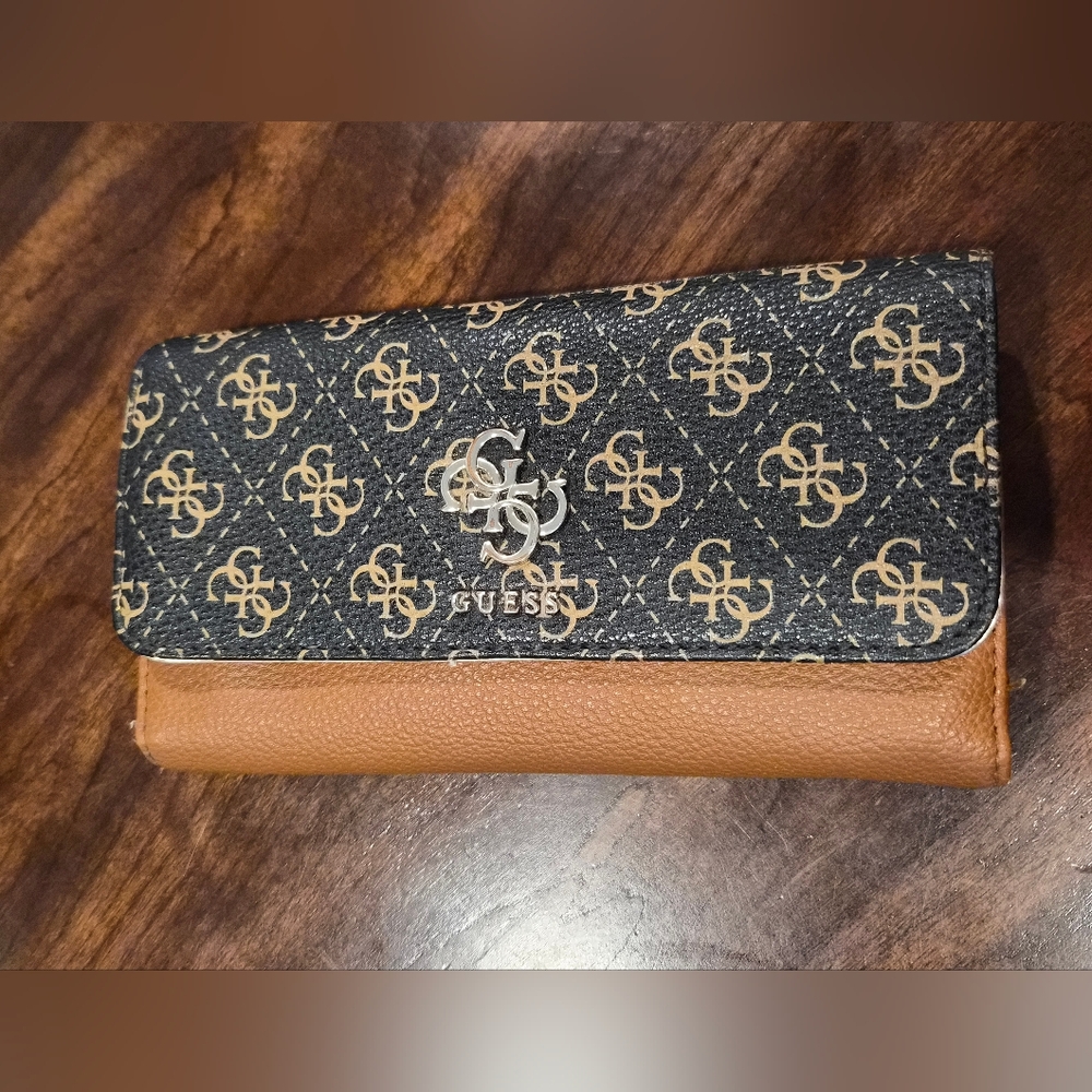 Guess Black Monogram Wallet with Brown Trim and Silver Logo